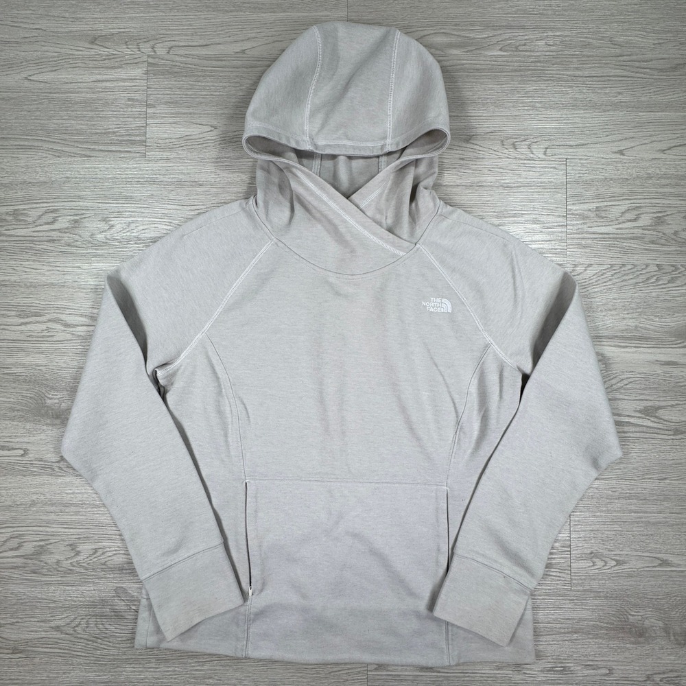 The North Face Women's Hoodie Crossover Neck Gray Large Thumbhole Cuffs Pullover